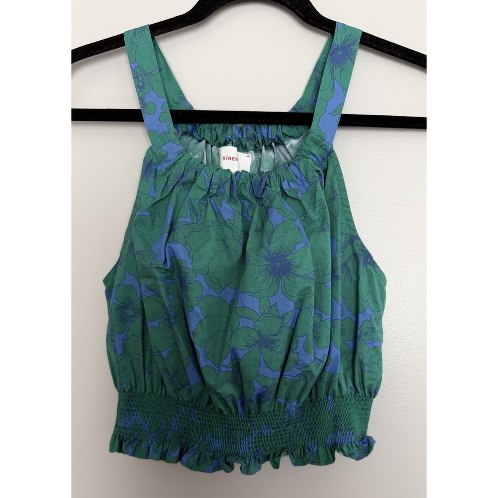XIRENA Lili Sleeveless Cropped Smocked Halter Top Blue/Green Women's Size Small